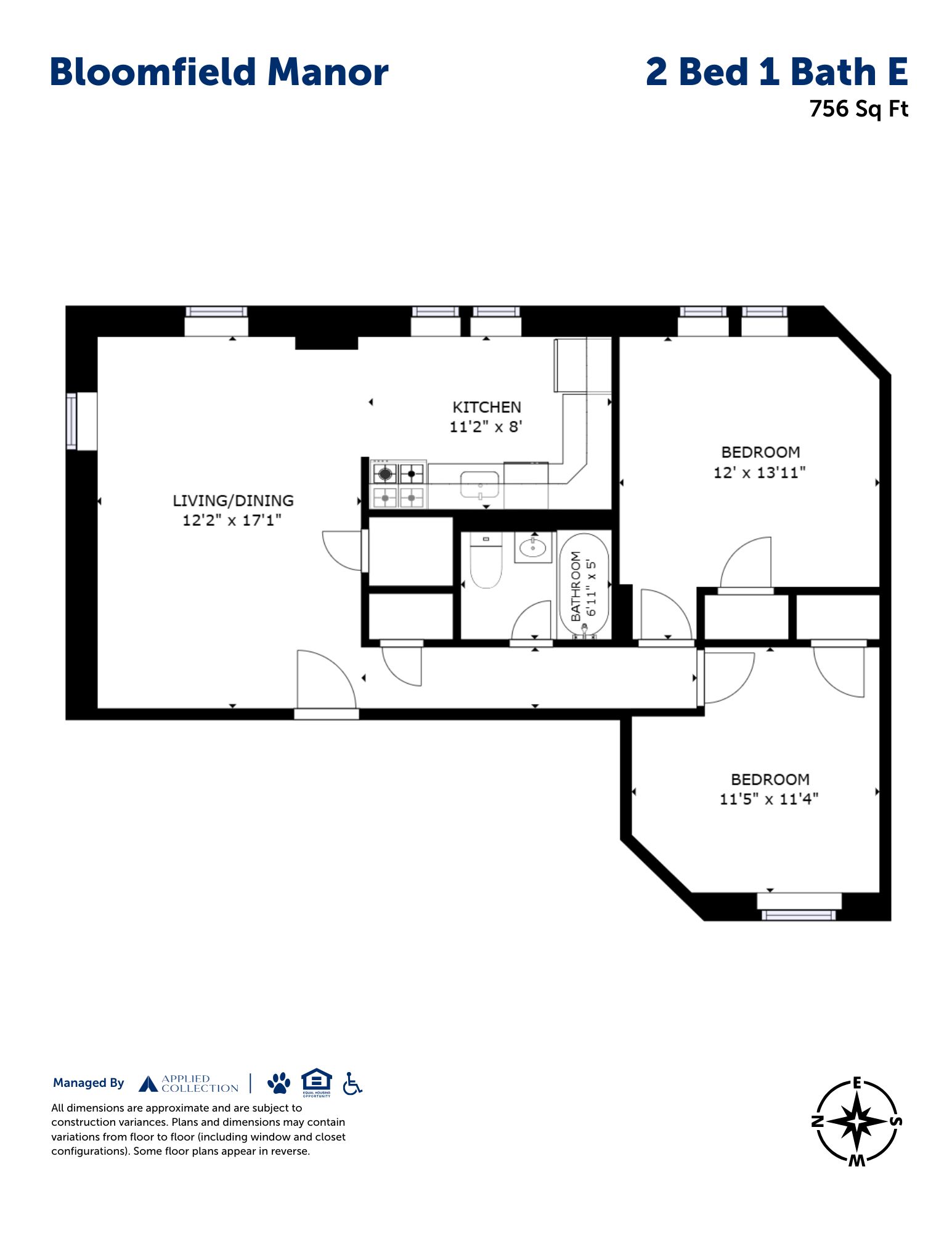 Floor plan for 2 beds, 1 bath, 756 sqft